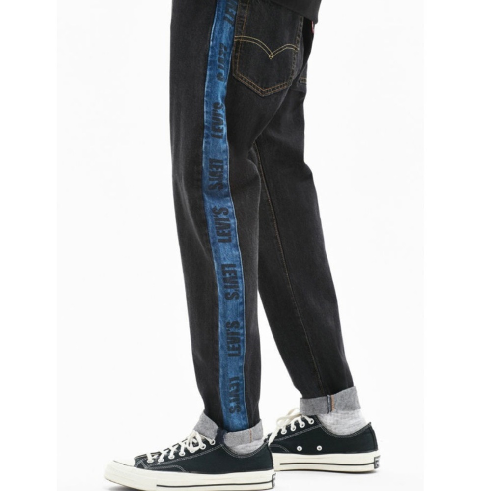 Men’s Black Premium Hi-Ball Roll Logo blue stripe denim jeans